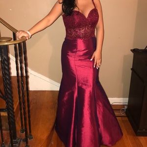 “ellie wilde Mon Cheri” Burgundy Beaded Prom Dress